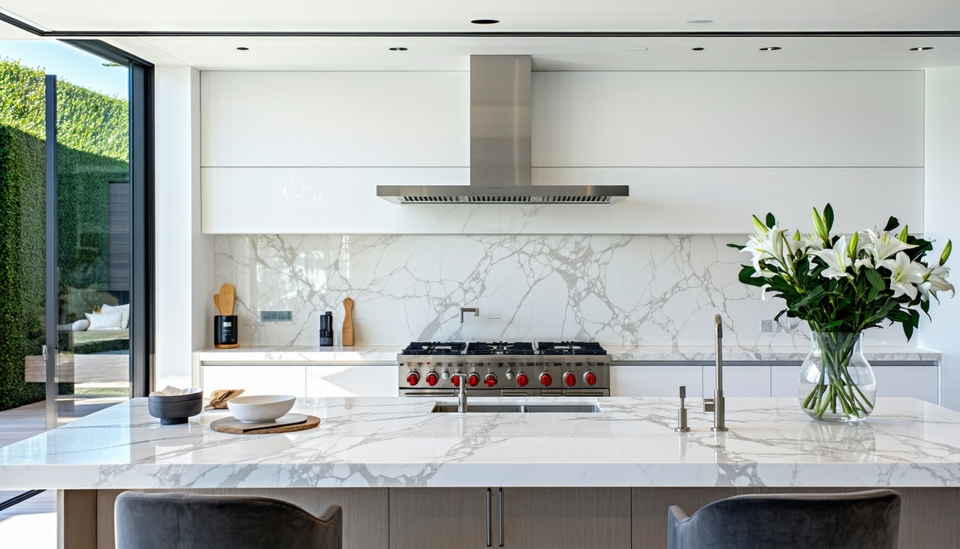 A bright modern kitchen with white quartz countertops subtle gray veining and flatpanel cabinetry Clean lines stainless steel appliances and minimal decor