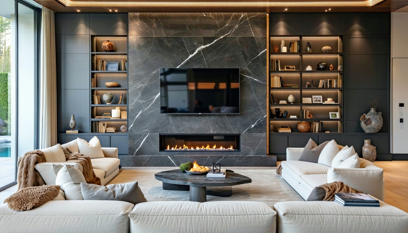 A modern living room midremodel featuring a partially installed fireplace surround made from a single seamless slab of natural stonesuch as granite soapstone or travertine The slab should appear as one continuous piece with no grout lines cuts or vis-2