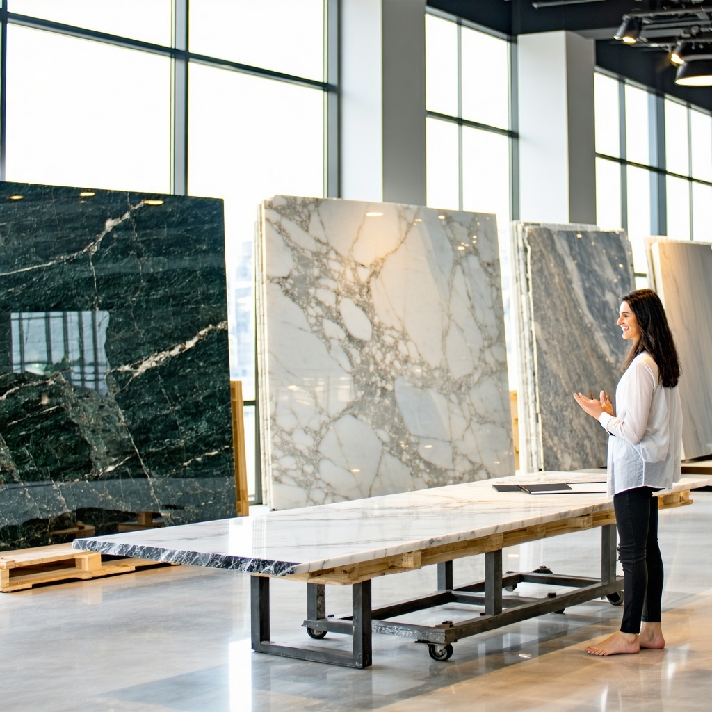 A modern showroom interior featuring full marble slabs on display including Carrara Calacatta and green marble options A friendly client is talking with a stone fabricator or designer at a consultation table The setting is bright welllit and located-3