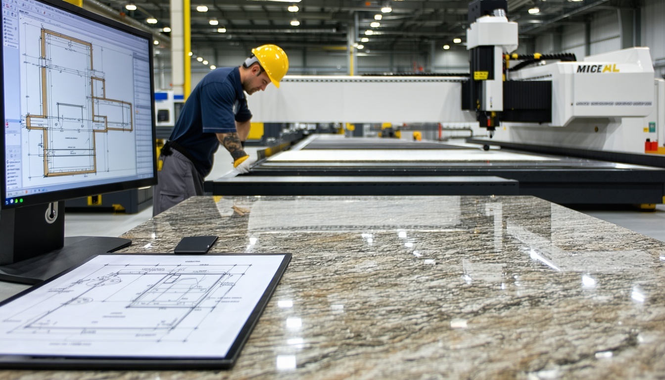 A professional granite and natural stone countertop fabrication facility with a clean organized layout In the foreground a fabricator in work gear is reviewing a digital template on a large screen or laptop Nearby a granite slab is being precisely cu-3