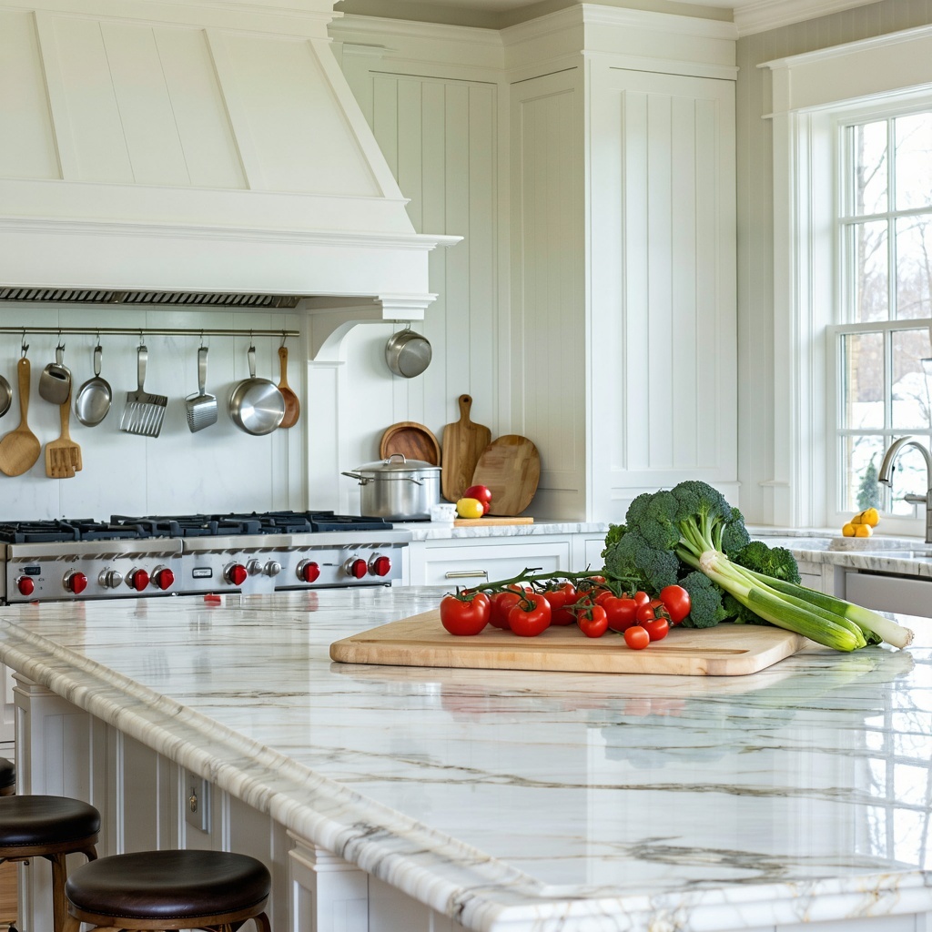 A shot of a finished New England kitchen with white marble or carrara countertops ideally showing a baking scene or fresh produce on the counter-2