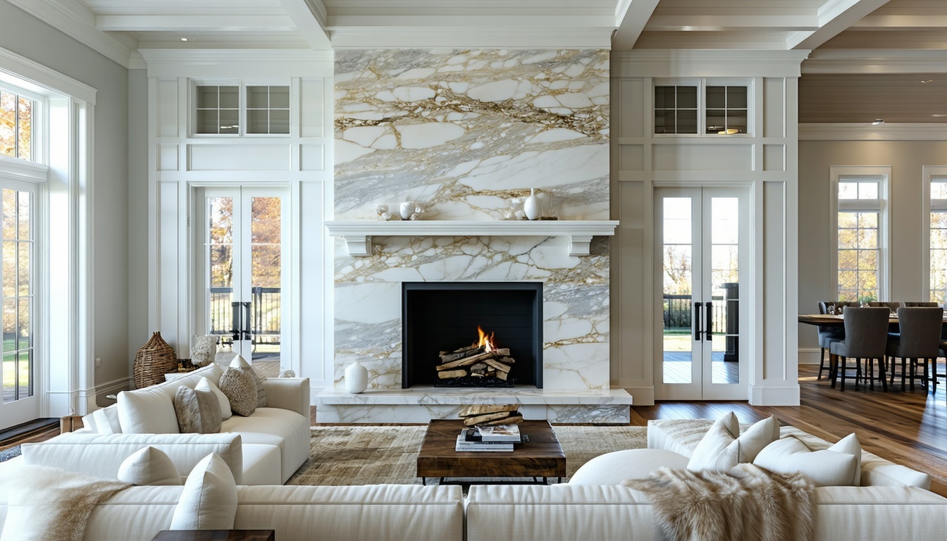 A timeless living room featuring a fullheight natural stone fireplace surround made from marble or granite slabs The stone stretches from floor to ceiling with soft veining and a polished finish that creates a dramatic vertical effect The room has hi-2