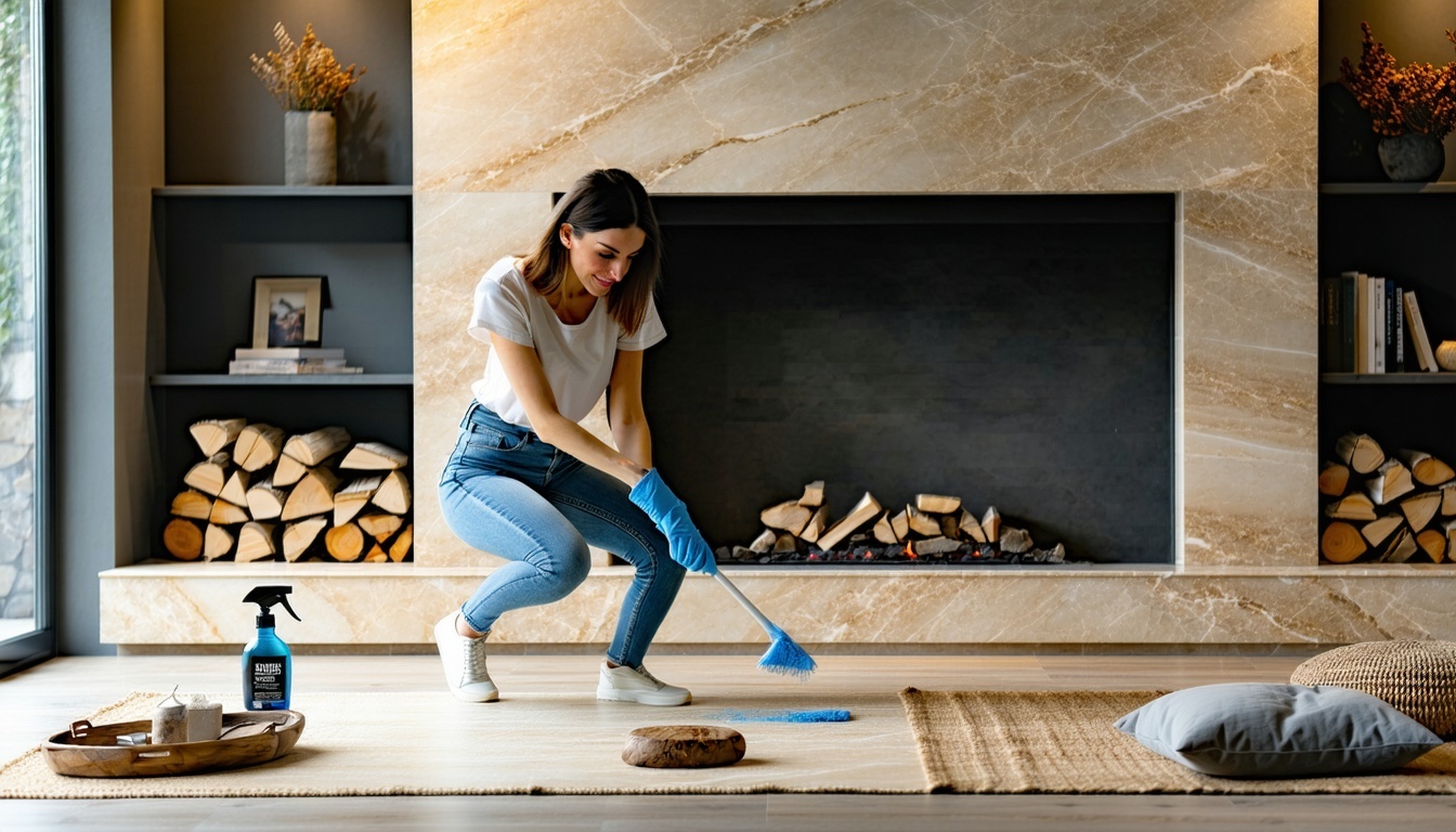 A warm welllit living room with a natural stone fireplace surround made from a single smooth slab of marble granite soapstone travertine or limestone The stone is flat and seamless with a matte or polished finishnot stacked or textured A homeowner is-2