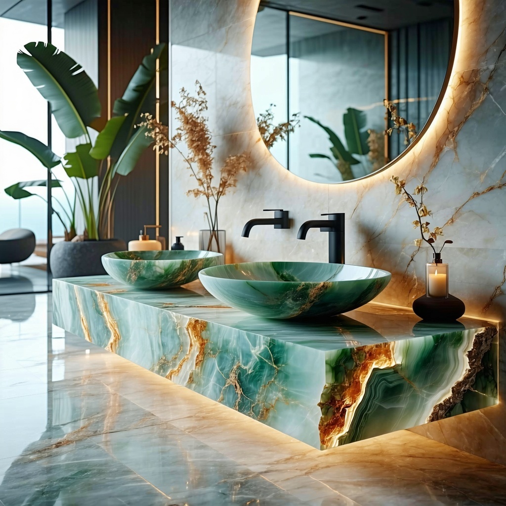 Create a highresolution hyperrealistic image of a luxurious bathroom featuring an onyx vanity countertop The countertop should showcase soft pastel tones with intricate veining in green or amber hues emphasizing its translucency with subtle backlight