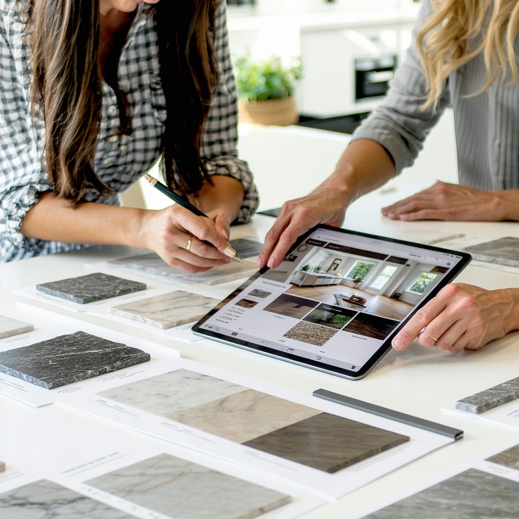 Designer Meeting with HomeownersPurpose Support the point about designers coordinating kitchensPromptA designer sitting at a table with a couple showing them countertop samples and a kitchen layout on a tablet Mood boards and stone samples are on the