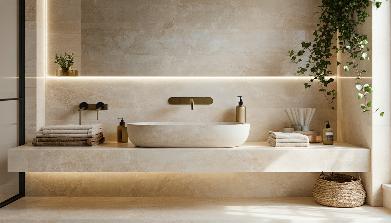 Elegant bathroom with honed travertine countertops and matching backsplash Soft natural lighting highlights the matte creamy beige stone with subtle texture and pores Includes a modern rectangular sink brushed brass fixtures and minimalist decor with-2
