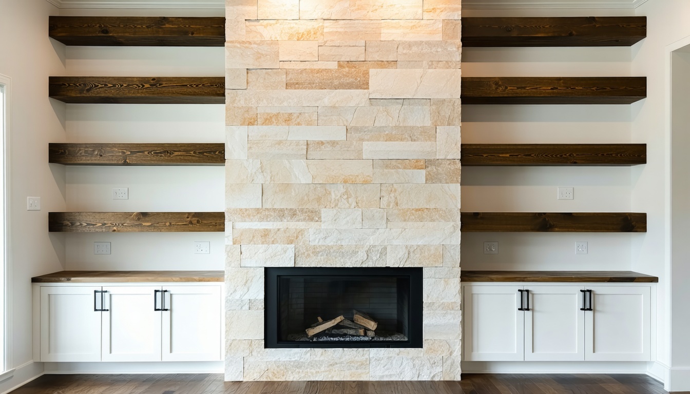 Fireplace with builtin cabinets wood shelves and black metal fireboxPromptA natural stone fireplace with builtin white cabinets and oak floating shelves on either side Black metal firebox with a clean rectangular stone surround Elegant and modern-2