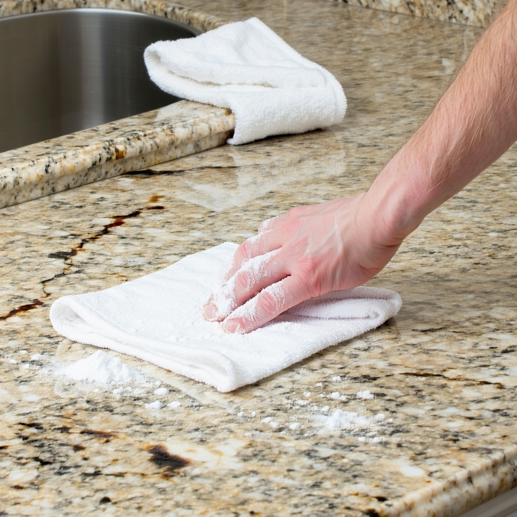 Fixing a Vinegar StainPurpose Show what to do if damage occursPromptA neutral color granite countertop with a faint vinegar stain being treated A hand is blotting it with a clean towel baking soda spread on top A soft cloth and water bowl are nearby-3