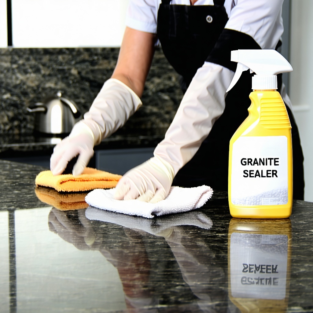 Granite Countertop MaintenancePurpose Visual for ongoing care and polishingPromptA person applying sealer or polish to a granite countertop using a soft cloth with gloves on The product bottle is labeled Granite Sealer The lighting highlights the gl-2
