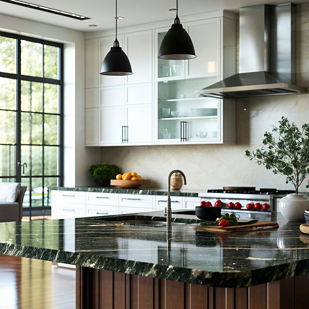 Granite Countertops in KitchensPurpose Visual introduction to the elegance of granite in a reallife settingPromptA modern kitchen featuring granite countertops in a polished dark stone with subtle patterning White shaker cabinets stainless steel appl-2