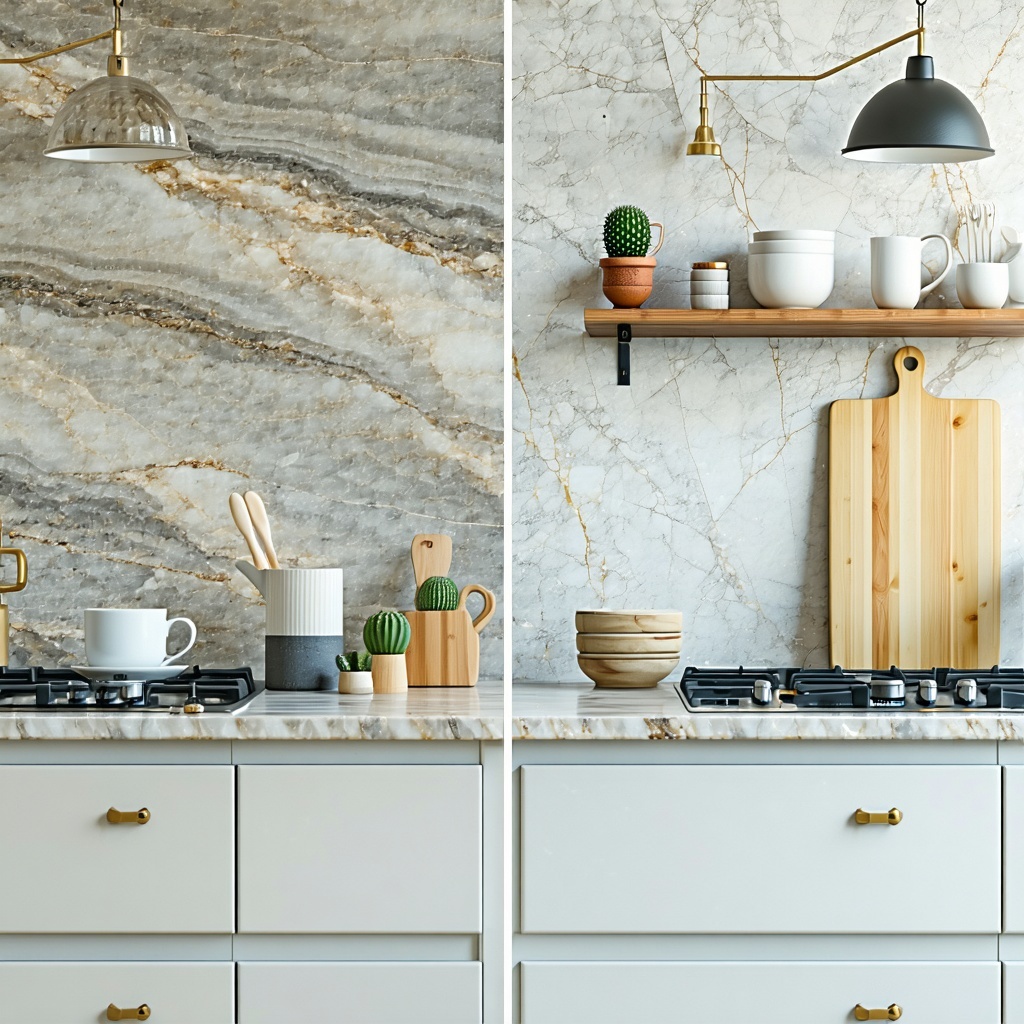 Granite vs Quartz Countertops SidebySidePurpose Support the comparison sectionPromptSidebyside view of two kitchen countertops one granite and one quartz The granite light color countertop has natural patterning the quartz has a clean uniform look La-1