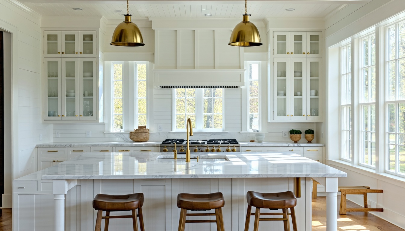 Hero Image  FullWidth BannerA highend New Englandstyle kitchen with a large center island featuring white quartz countertops Inset shaker cabinets in soft white wideplank oak floors brushed brass pendant lights above the island and natural daylight-1