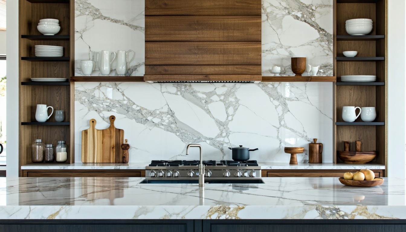 Highresolution photo of a real kitchen featuring quartz countertops Clean natural lighting Kitchen should match the style of the materialeg rustic for butcher block luxury for marble Focus on the countertop surface but show part of the kitchen layout