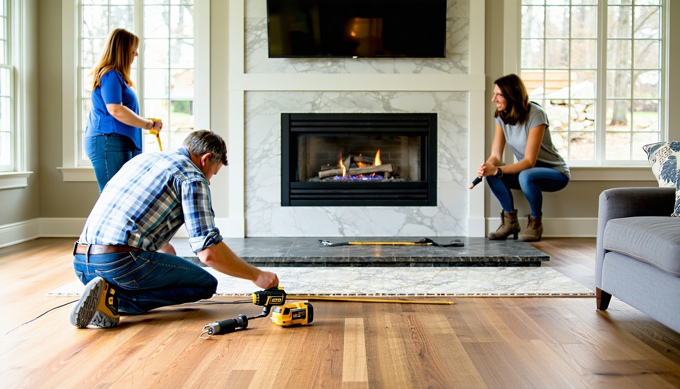 Newly Installed Flush Hearth with Contractor Homeowners Correct Proportions Realistic SetupA modern living room featuring a newly installed natural stone hearth made from a single seamless slabsuch as granite soapstone or quartzitesitting perfectly