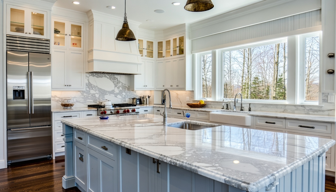 Quartz CountertopsLuxury New England transitional kitchen with Cambria Quartz countertops featuring bold striking veining and a waterfall island edge Soft white inset cabinets with walnut wood flooring nickel fixtures and glassfront upper cabinets Na