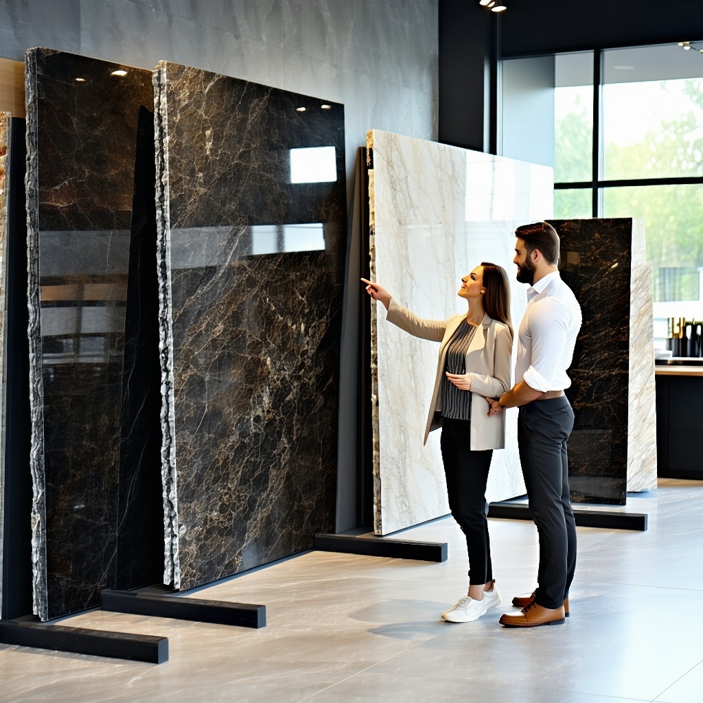 Showroom ExperiencePurpose Illustrate the idea of visiting showrooms to explore granite slab optionsPromptA granite and stone showroom with large granite slabs displayed vertically A couple with a designer examining samples pointing to a specific sto-3