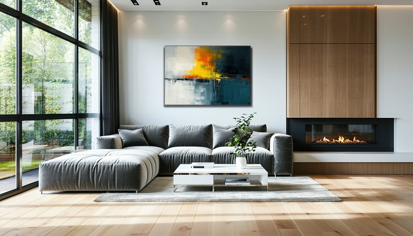 The image depicts a modern living room with a large window that allows natural light to fill the space The room features a gray sectional sofa and a matching chaise lounge both placed on a light wooden floor A white coffee table with a metallic base