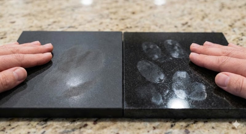 A close-up comparison of fingerprints on Absolute Black granite samples. The left honed sample shows diffused oil marks, while the right polished sample shows clear, reflective fingerprints.
