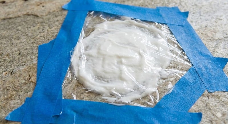 A thick white baking soda paste applied to a stone countertop, covered with plastic wrap and blue tape, to remove a stain.