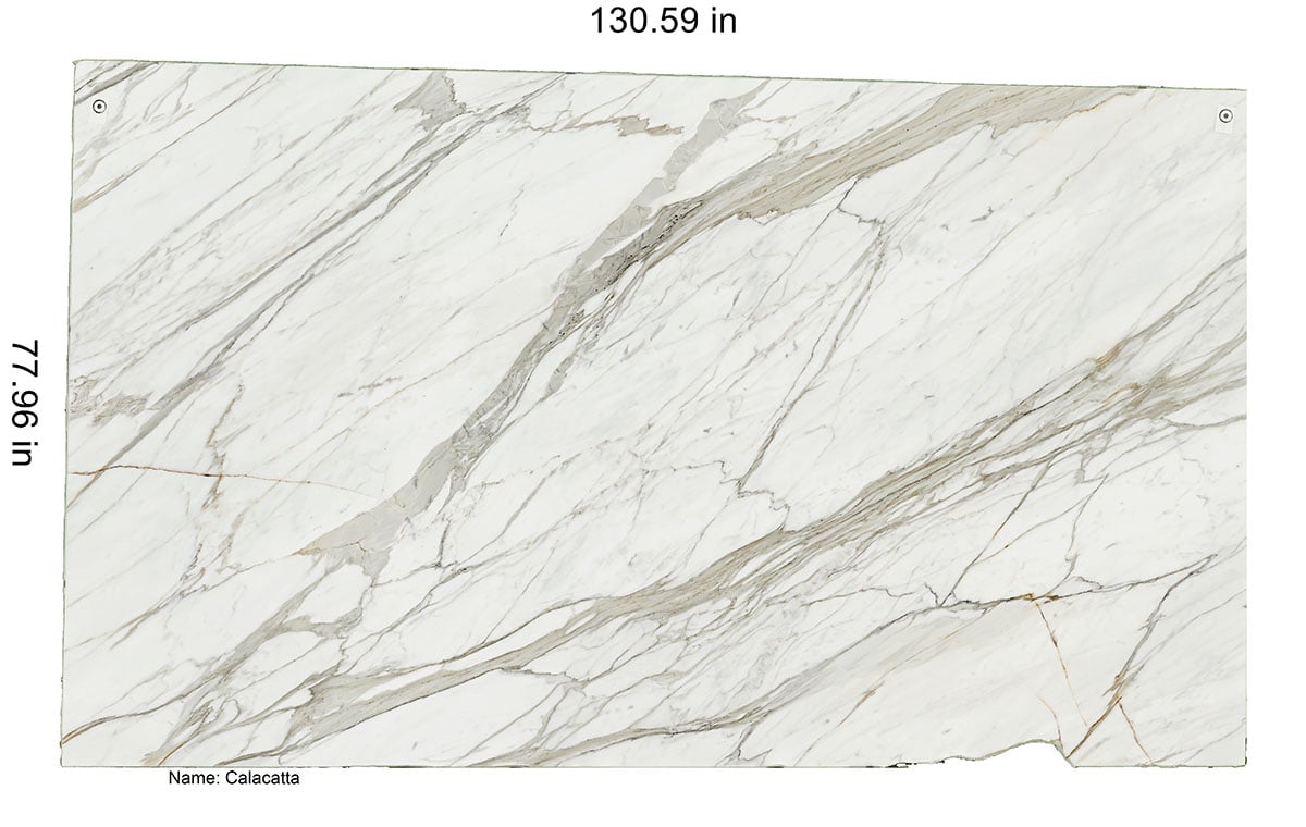 Calacatta marble slab with white background and dramatic gray and gold veining, 130 x 77 inche