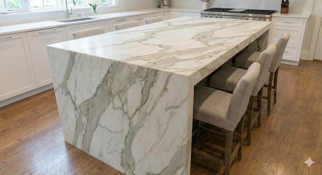 Marble Kitchen Islands: Waterfall , Bookmatching, and Statement Design