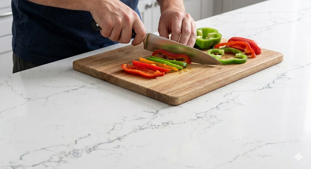 A person using a cutting board to chop vegetables on a quartz countertop, preventing damage to the surface