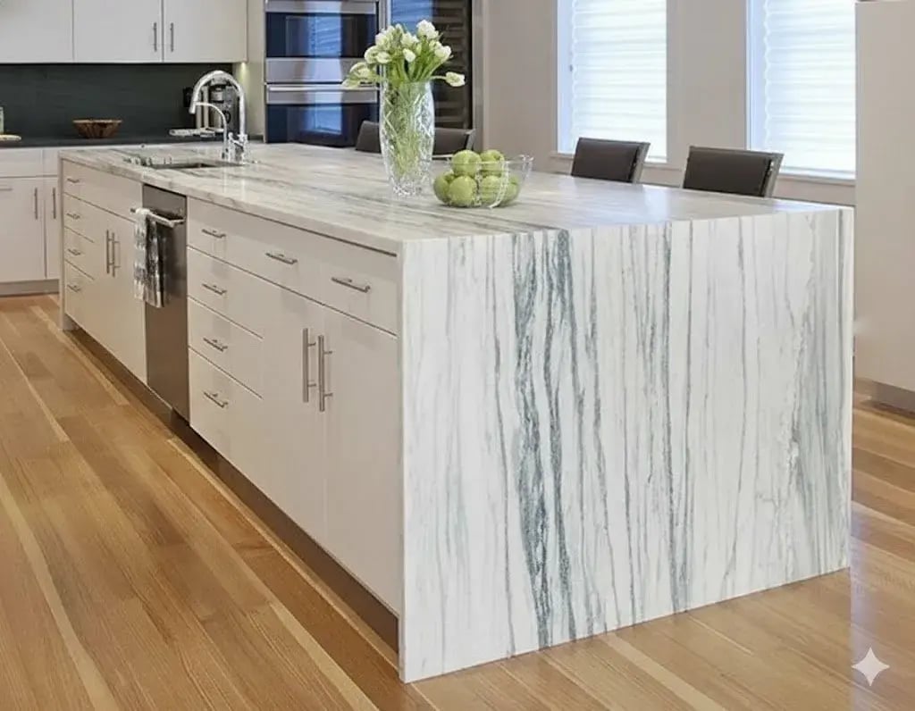 Danby Montclair marble waterfall kitchen island from Vermont showing dramatic linear gray veining - American marble that rivals Italian imports