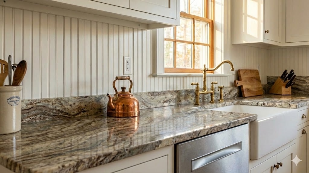 Classic New England kitchen featuring a granite countertop with a standard 4-inch stone backsplash and white painted beadboard wainscoting above.