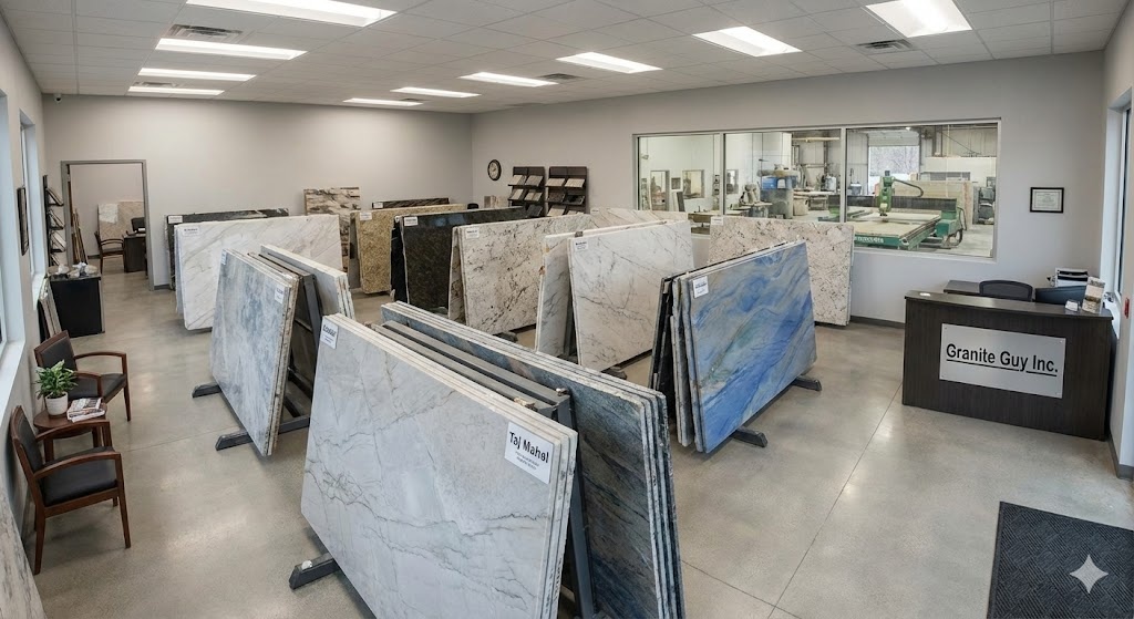 Interior view of Granite Guy Inc. showroom in Southborough, MA, featuring racks of natural stone slabs and a reception desk.