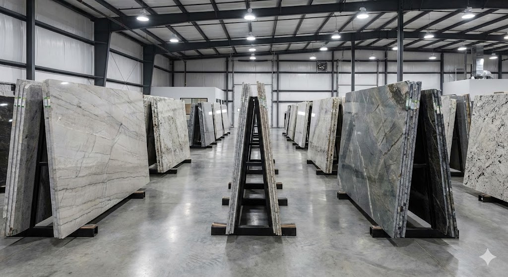 The interior of Granite Guy Inc.'s heated indoor warehouse in Southborough, MA, featuring rows of quartzite slabs.