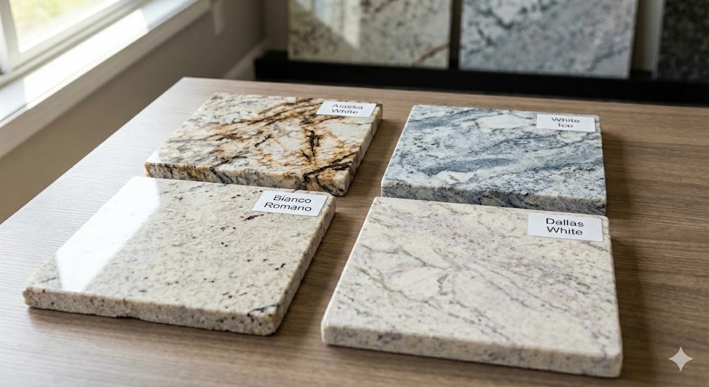 A photograph of four square samples of popular white granite countertops—Alaska White, White Ice, Bianco Romano, and Dallas White—displayed on a wooden table in a showroom.
