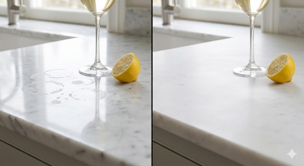 honed-vs-polished-marble-etching-comparisonA split-screen comparison photograph. The left half shows a polished white marble countertop with visible dull etch marks from liquid rings next to a wine glass and a lemon. The right half shows a honed, matte white marble countertop with a pristine, unmarked surface next to an identical wine glass and lemon.