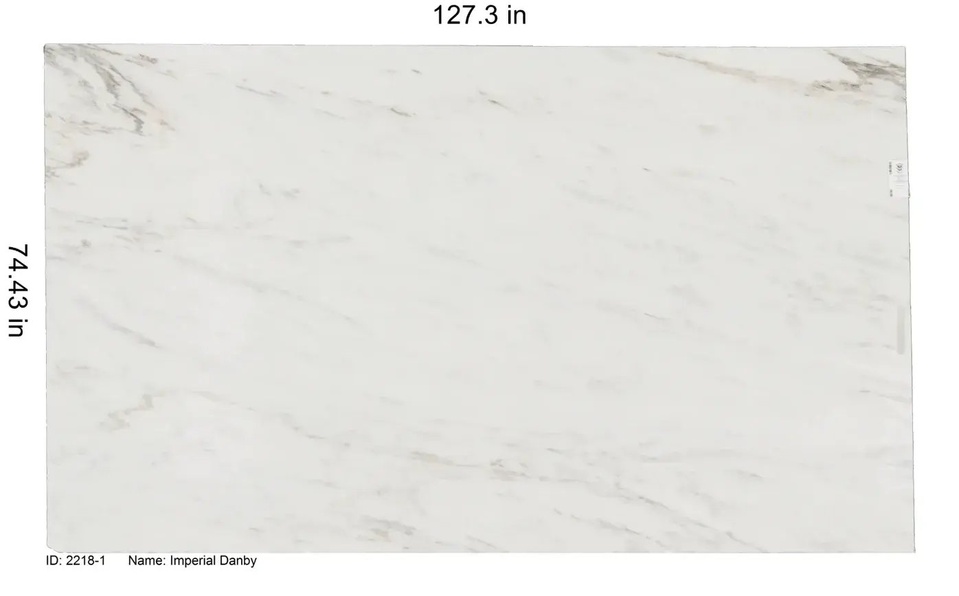 Imperial Danby marble slab with soft white background and delicate gray and warm brown veining, 127.3 x 74.43 inches, ID 2218-1, available at Granite Guy Inc. in Southborough, Massachusetts