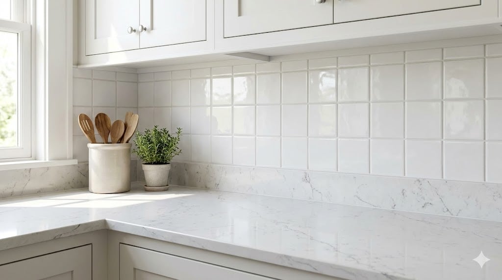 Close up of a kitchen counter with a low-profile 3-inch quartz backsplash and simple white 4x4 square tiles above.