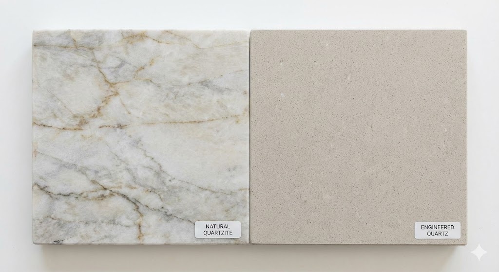 A close-up comparison of two square countertop samples. On the left is a sample of natural quartzite with prominent gold and grey veining, labeled "NATURAL QUARTZITE". On the right is a sample of uniform, beige engineered quartz, labeled "ENGINEERED QUARTZ". Both samples are placed on a plain white surface.