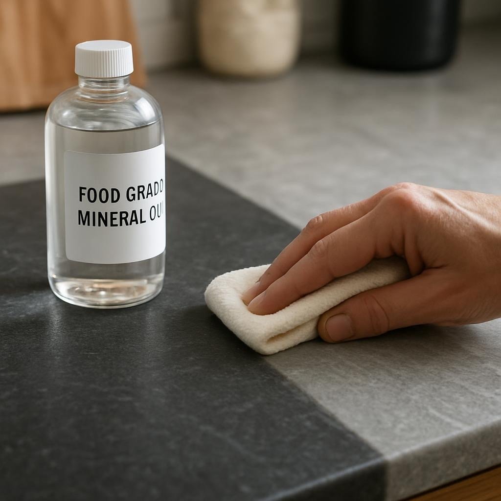 A "before and after" shot showing light gray (dry) vs. deep black (oiled) soapstone.