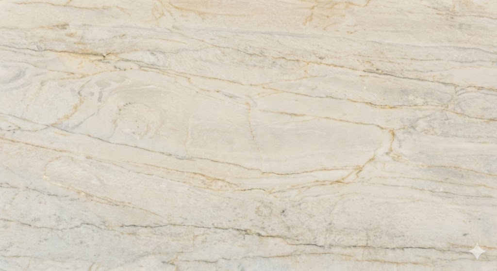 A close-up texture view of a Taj Mahal quartzite slab, showing the stone's characteristic creamy white background with soft, flowing gold and beige veining.