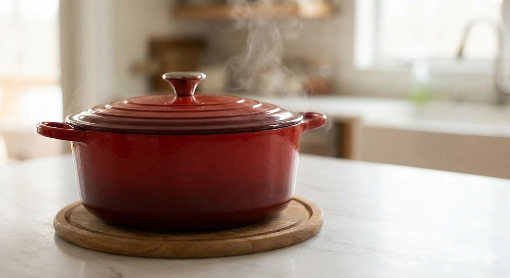 A hot cast iron dutch oven sitting on a wooden trivet on a white quartzite counter to protect the stone.