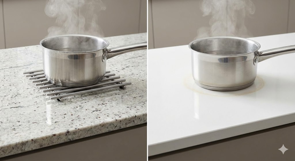 A side-by-side comparison photo demonstrating heat resistance: on the left, a hot pot sits safely on a trivet over white granite; on the right, the same hot pot sits directly on white quartz, causing a visible scorch mark on the manufactured surface.