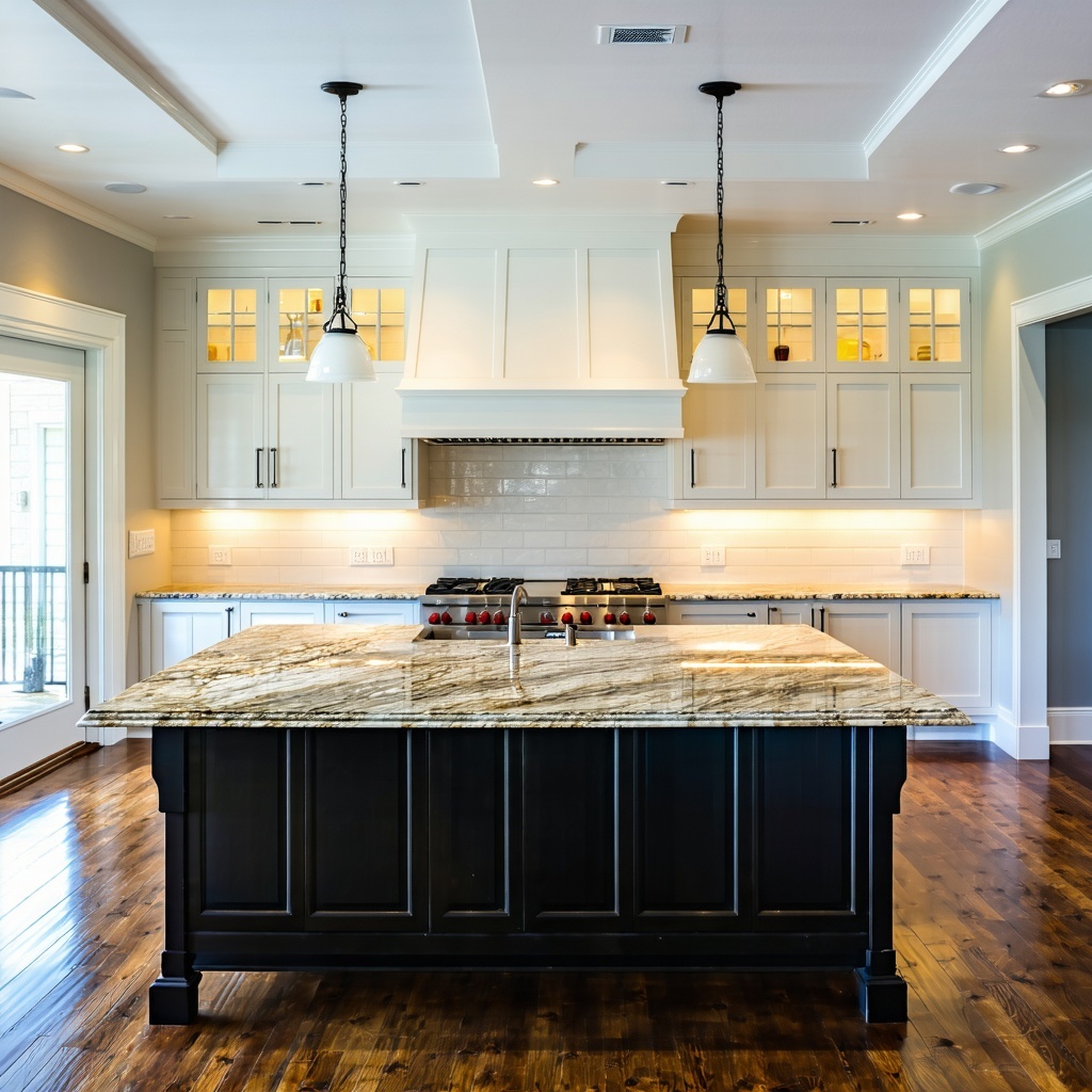 “Elegant kitchen with polished granite countertops on a large island, white shaker cabinets, pendant lighting, and hardwood floors. Granite Guy Inc.”