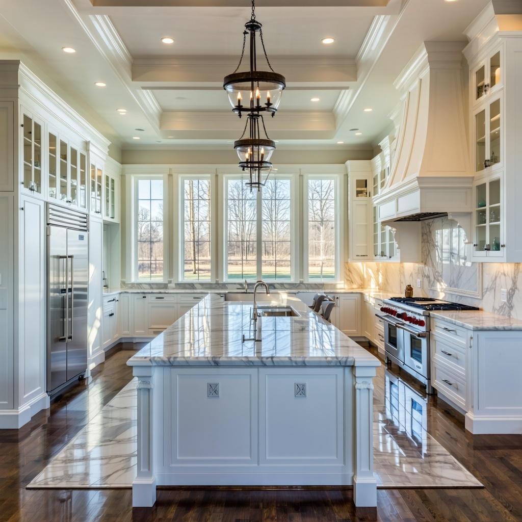 Luxury kitchen with Taj Mahal quartzite countertops, white inset cabinets, and coffered ceilings. Perfect kitchen countertops by Granite Guy Inc.