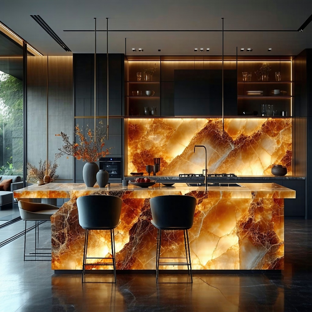 Backlit onyx countertops and backsplash in a luxurious modern kitchen with dark cabinetry and warm ambient lighting. Onyx by Granite Guy Inc.