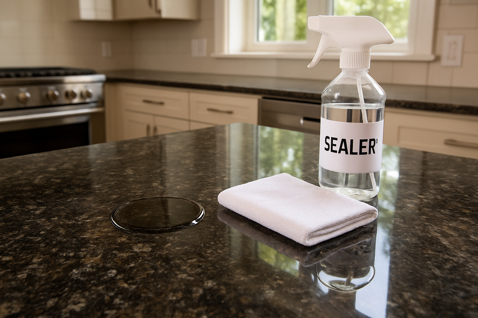 Granite countertop with water test and sealer bottle during granite sealing process by Granite Guy Inc.