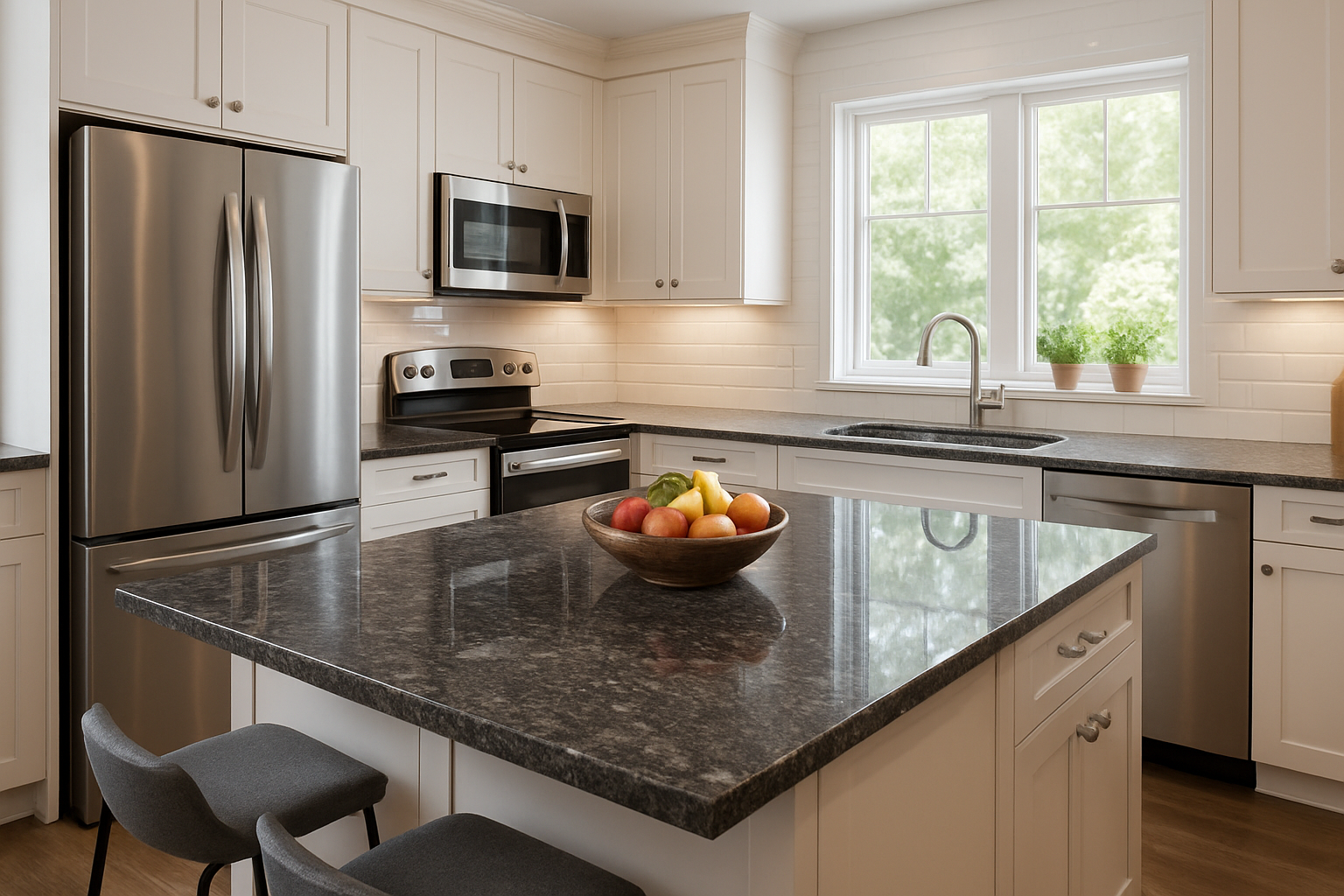 Bright kitchen with white shaker cabinets, stainless steel appliances, and polished dark granite countertops on the island and perimeter