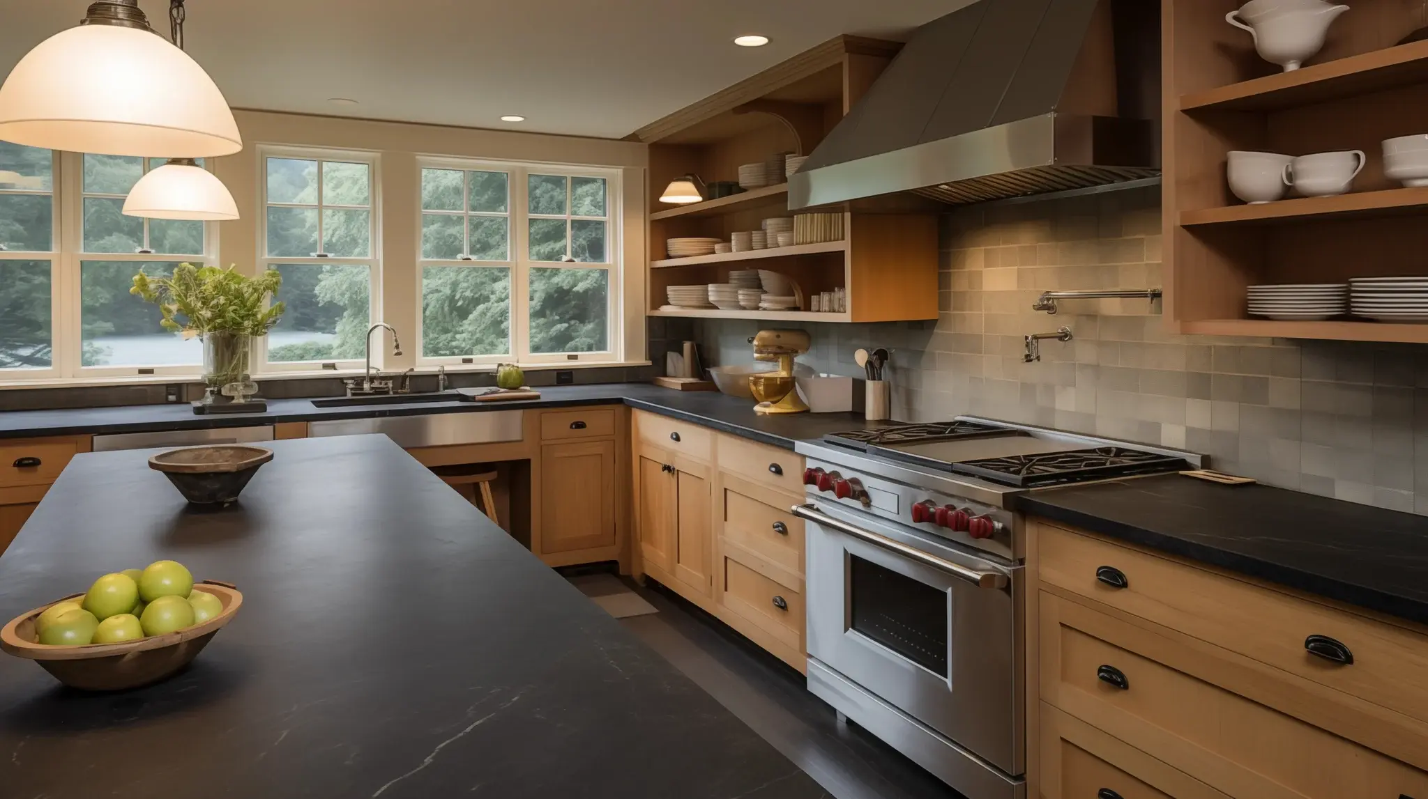 A kitchen with dark soapstone countertops, light wooden cabinets, and large windows. 