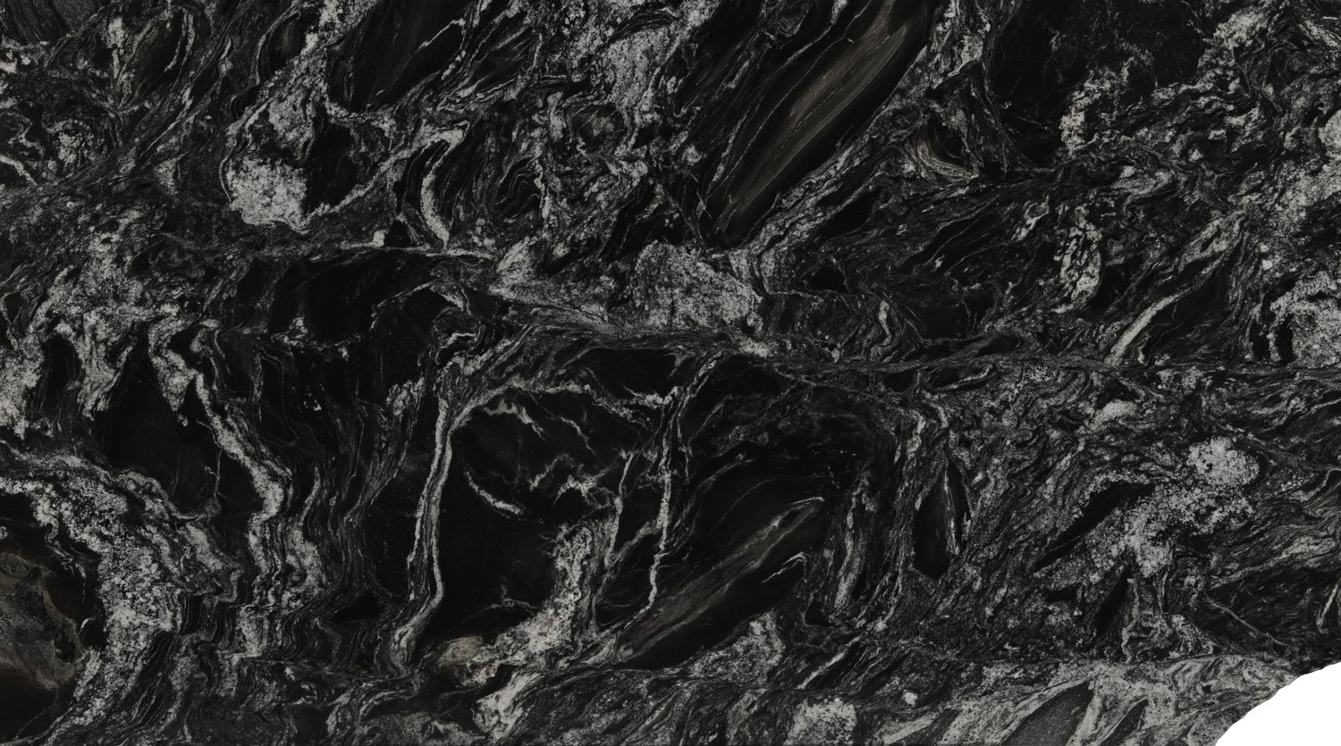 Black Forest granite countertops with deep black base and striking white patterns, ideal for kitchen countertops, vanities, and fireplaces by Granite Guy Inc.