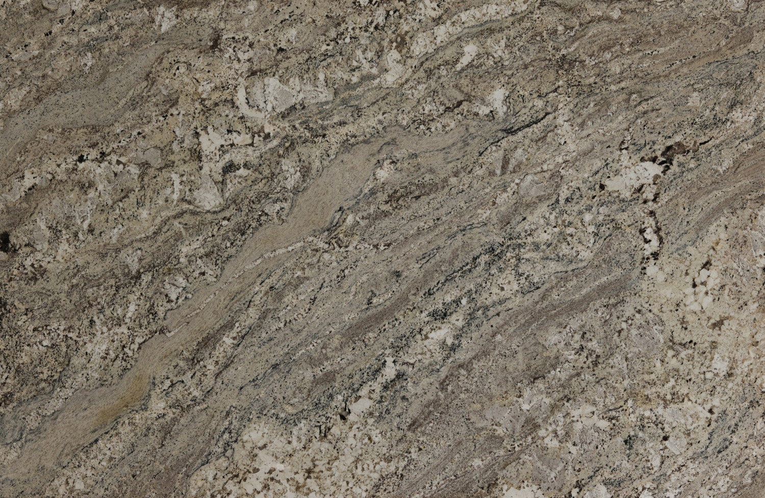 Nevasca Mist granite countertops with flowing beige, brown, and gray patterns, perfect for kitchen countertops and bathrooms by Granite Guy Inc.