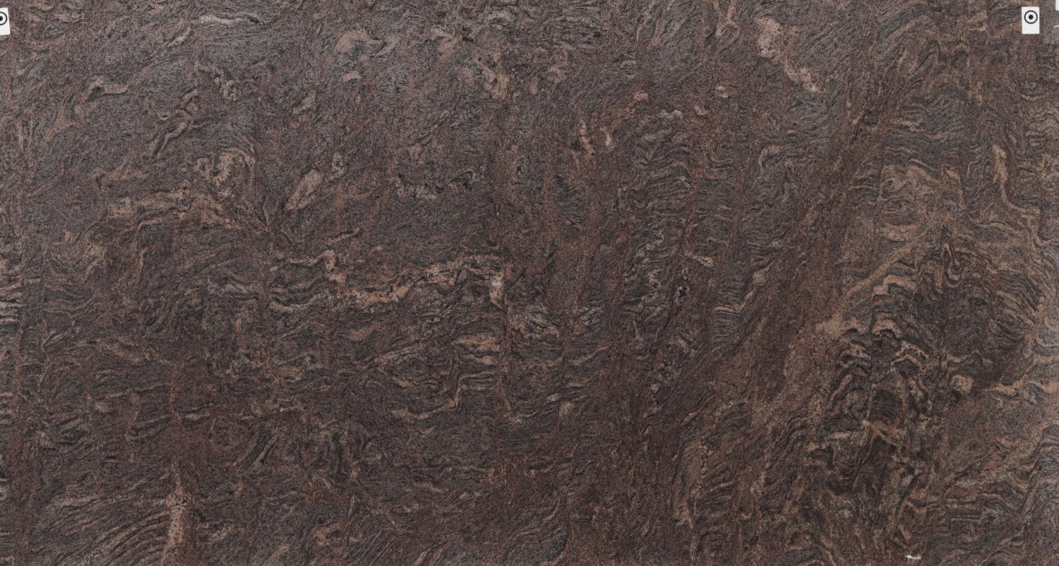 Paradiso Bash granite countertops with rich brown and black flowing patterns, perfect for kitchen countertops by Granite Guy Inc.