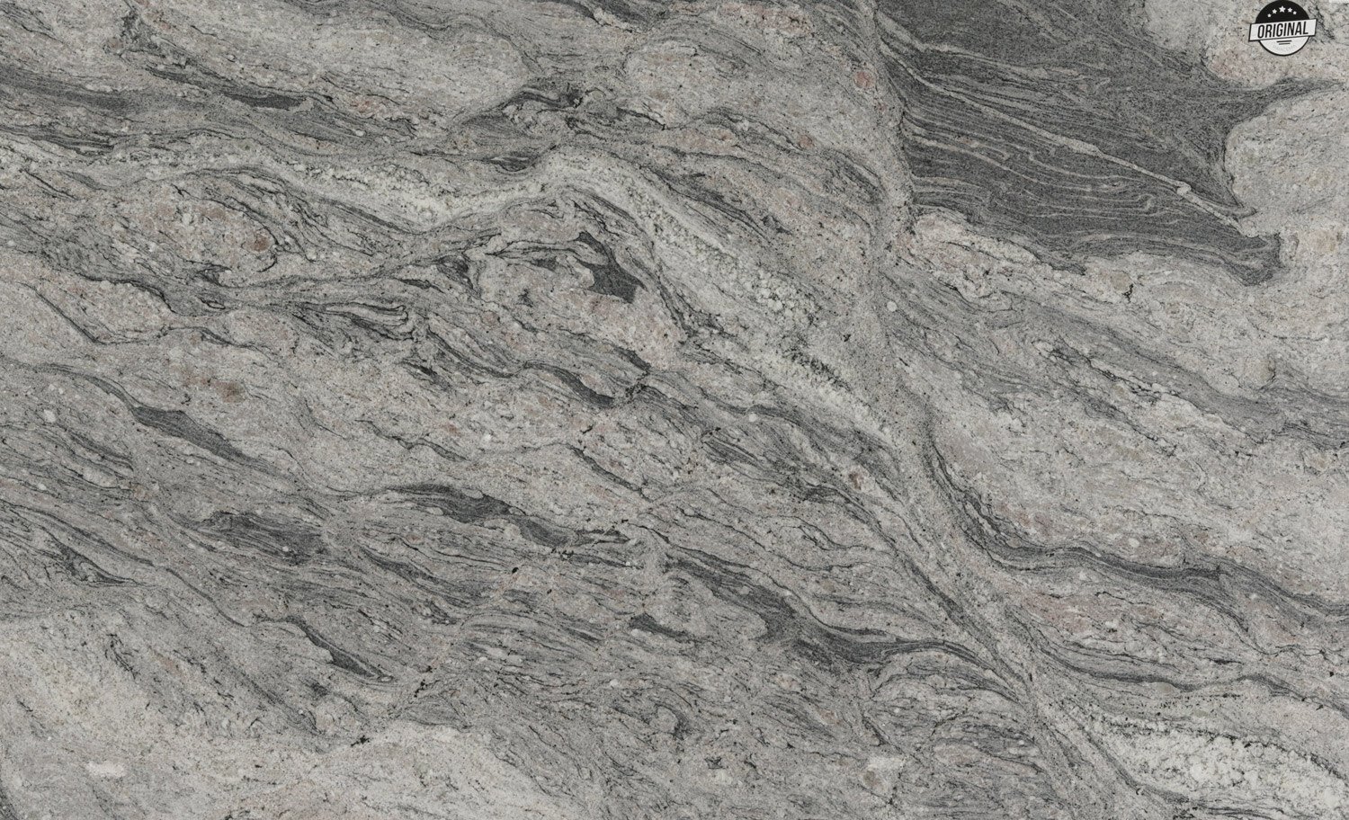 Piracema White granite countertops with elegant gray and white flowing patterns, perfect for kitchen countertops by Granite Guy Inc.