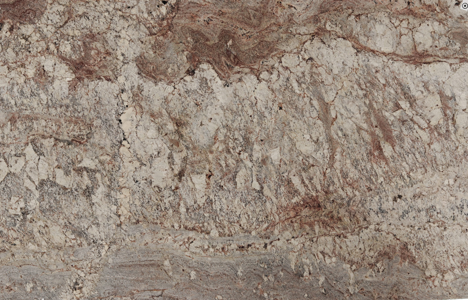 Typhoon Bordeaux granite countertops with warm gold, cream, and deep brown patterns, perfect for kitchen countertops by Granite Guy Inc.